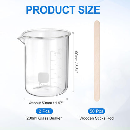 PATIKIL 250ml Glass Beaker, 2 Pack Measuring Glass Beaker Graduated Borosilicate Lab Cups Mug Low Form Heat Safe Transparent with 50pcs Wood Sticks for Laboratory Science Kitchen Liquids