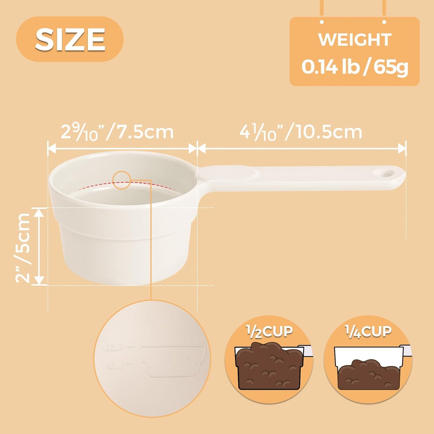 ComSaf Dog Food Scoop 1/2 Cup - MSBC Melamine Pet Food Scoop Measuring Cup for Dog Cat Ferret Rabbit Bird Food, Half Cup Scoop Food-Grade Pet Feed Scoops with Handle, Dishwasher Safe, White