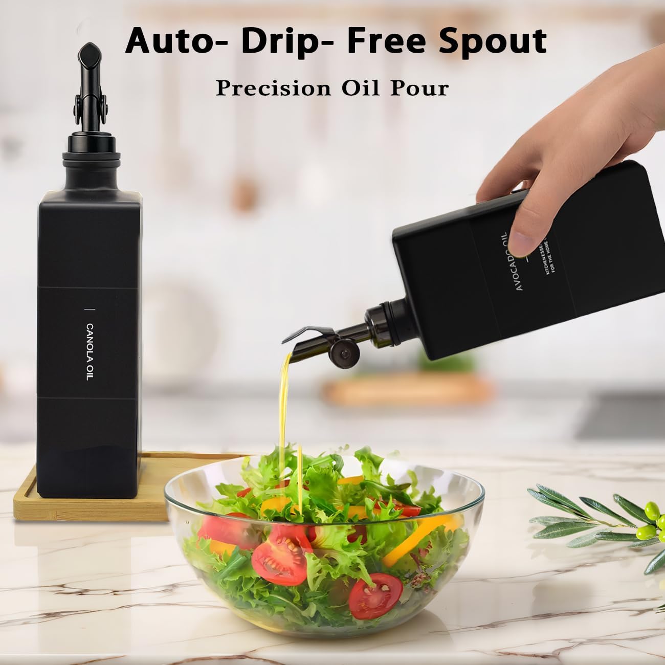 Olive Oil Dispenser Bottle for Kitchen with Bamboo Tray- 16.9oz Glass Oil and Vinegar Dispenser Set, Soy Sauce & Syrup Bottle, Modern Hostess Gift (Green, Set of 2)