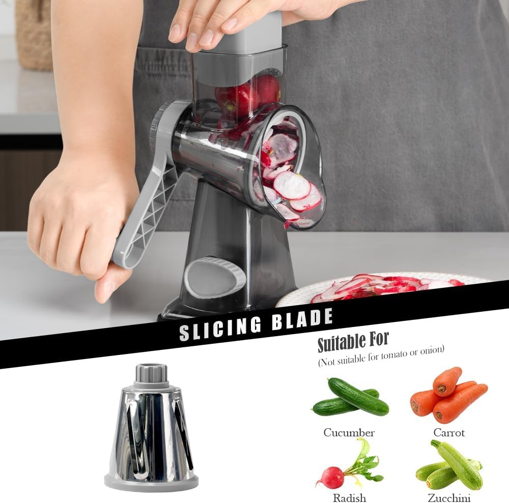 Badelite Cheese Grater Vegetable Cheese Shredder Slicer Grater for Kitchen 3 Changeable Blades for Cheese Potato Zucchini Nuts Chocolate (Grey Blue)