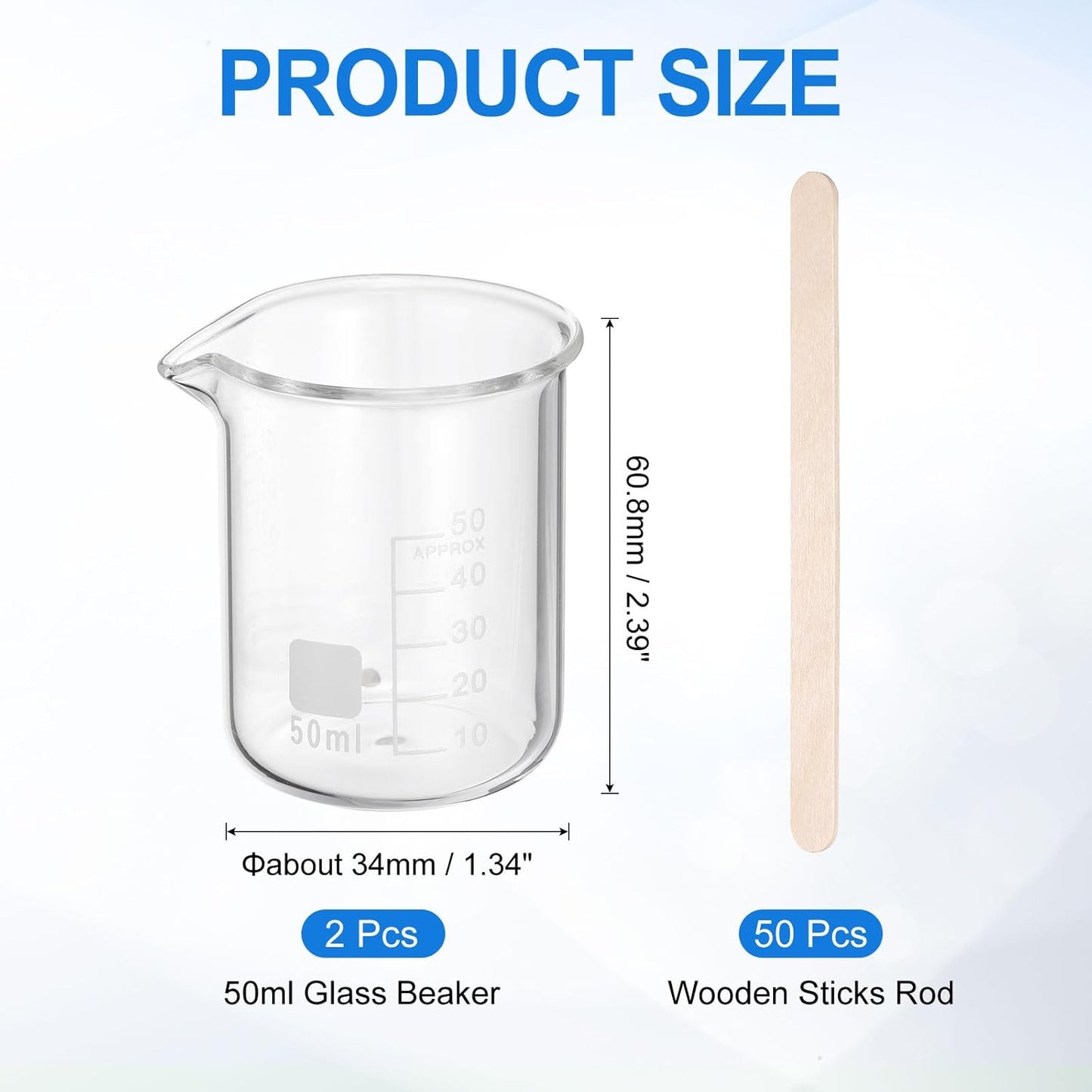 PATIKIL 250ml Glass Beaker, 2 Pack Measuring Glass Beaker Graduated Borosilicate Lab Cups Mug Low Form Heat Safe Transparent with 50pcs Wood Sticks for Laboratory Science Kitchen Liquids
