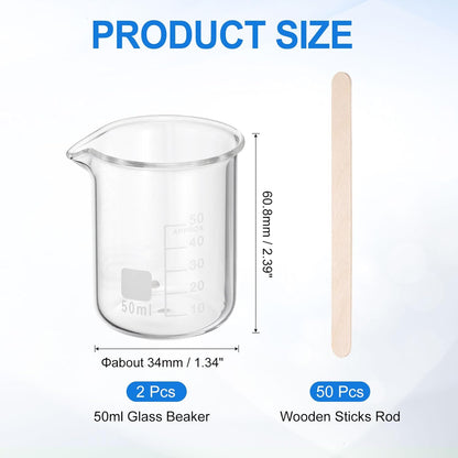 PATIKIL 250ml Glass Beaker, 2 Pack Measuring Glass Beaker Graduated Borosilicate Lab Cups Mug Low Form Heat Safe Transparent with 50pcs Wood Sticks for Laboratory Science Kitchen Liquids