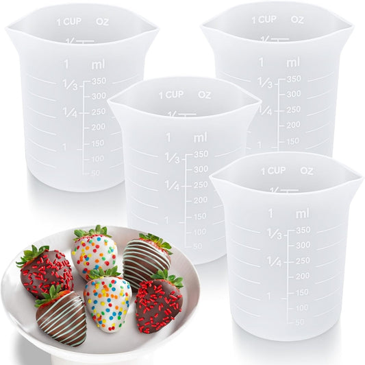 Palksky Silicone Chocolate Melting Cup Set with 4 Silicone Measuring Cups (250ml & 350ml) and 4PCS Heat-Resistant Jar Spatulas, Non-Stick Baking Tools for DIY Chocolate, Butter & Cream Mixing
