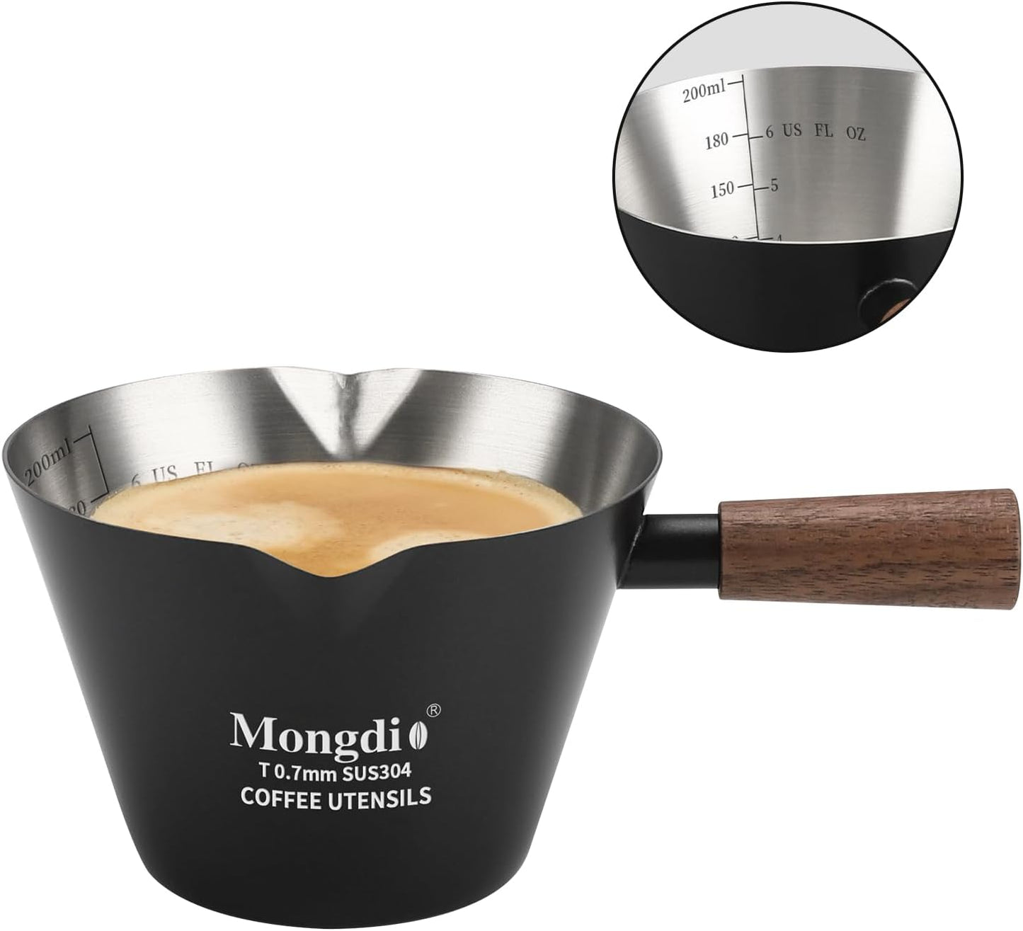 Mongdio Espresso Measuring Cup, Stainless Steel Espresso Shot Cups with Wooden Handle and Double Spouts, 6.8OZ/200ML, White