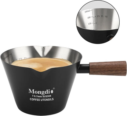Mongdio Espresso Measuring Cup, Stainless Steel Espresso Shot Cups with Wooden Handle and Double Spouts, 6.8OZ/200ML, White