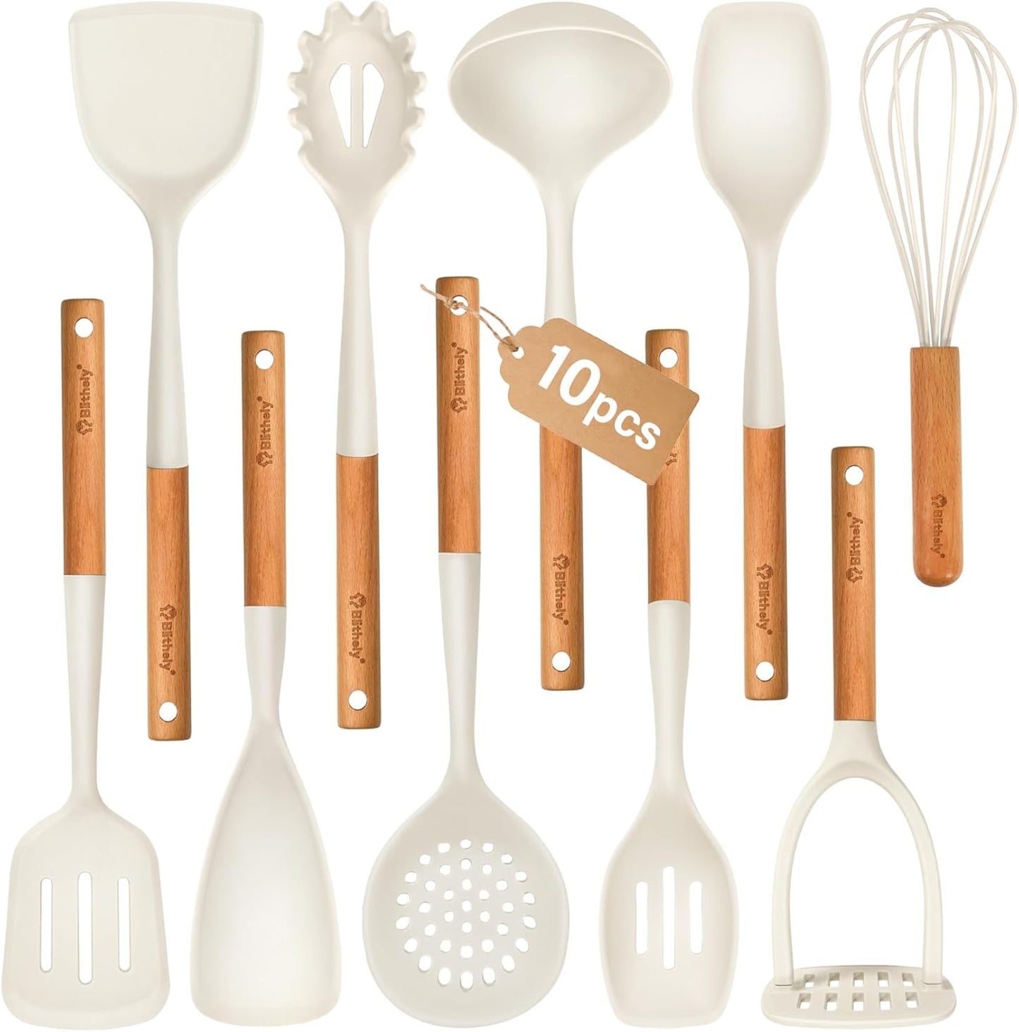 Large Silicone Cooking Utensils Set, 10Pcs Nonstick Kitchen Utensil Set with Wooden Handle, Heat Resistant Silicone Utensils for Cooking, BPA Free Spatula Set with Turners Spoon Ladle Skimmer(Black)