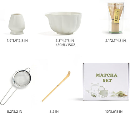 Matcha Whisk Set, Matcha Set Includes Ceramic Matcha Bowl, Bamboo Whisk, Scoop, Chasen Holder, Sifter, 5 Pcs Perfect Matcha Kit for Matcha Lover (Pearl White)