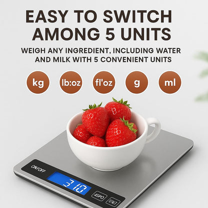 Digital Kitchen Scale 5kg/11lb – Food Scale with LCD Display, Zero Button, 6 Units, Stainless Steel Surface – 1g Precision, Battery Powered – for Cooking, Baking, Meal Prep