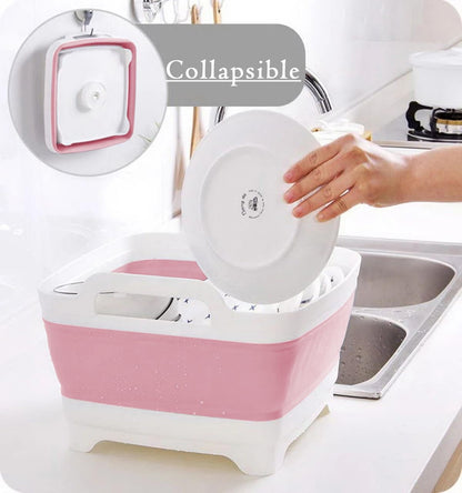 9L (2.4Gal) Dish Basin Collapsible with Drain Plug , Space Saveing Kitchen Storage Tray Dish Wash Basin, Portable Dish Tub, Foldable Dishpan for Camping ,RV,Green
