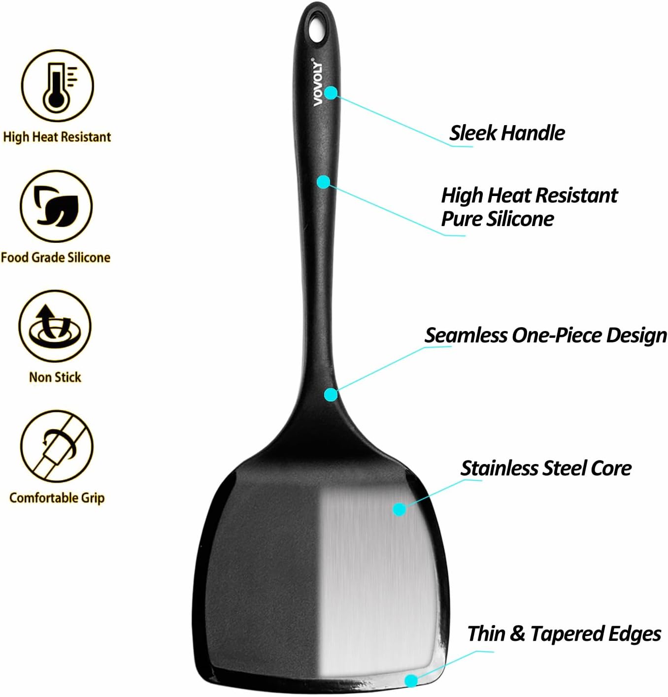 Silicone Pancake Spatula Turner with Lengthened Handle& Seamless Design, Heat Resistant Slotted Flipper for Nonstick Cookware, Large Flexible Kitchen Utensils for Egg, Pancake, Burger, Slotted Black