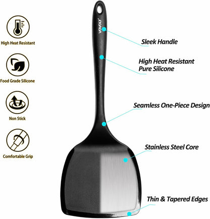 Silicone Pancake Spatula Turner with Lengthened Handle& Seamless Design, Heat Resistant Slotted Flipper for Nonstick Cookware, Large Flexible Kitchen Utensils for Egg, Pancake, Burger, Slotted Black