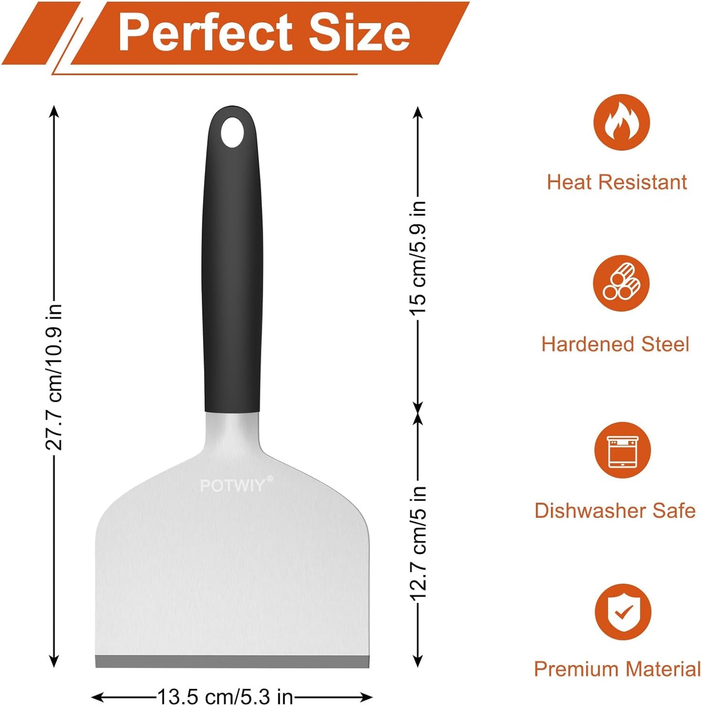 Heavy Duty Griddle Scraper, 5.3" Wide, Sharp Stainless Steel Scraper with Full Tang Silicone Handle, Great BBQ Cleaning Tool for Flat Top Grill & Griddle Cleaning Accessories (1 Pack, Large)