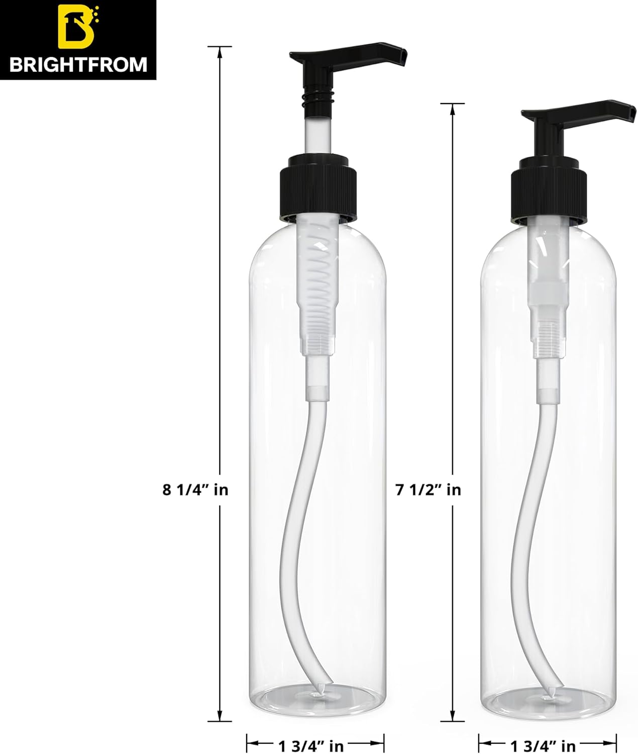 BRIGHTFROM Lotion Pump Bottles, Empty 8 OZ, BPA-Free Refillable Plastic Containers, Amber with Black Dispenser for - Soap, Shampoo, Lotions, Liquid Body Soap, Creams and Massage Oil (2 Pack)