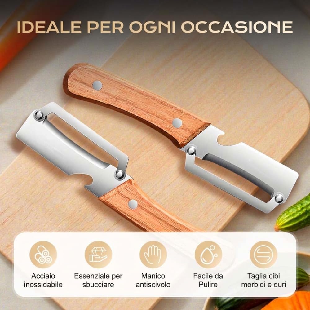 Multi-Functional Vegetable Peeler, 2026 Ultra-Sharp Stainless Steel Blade with Wooden Handle and Bottle Opener, Contour-Flow for Kitchen Prep, Camping, Apple Potato Pumpkin Papaya Peeling (2)