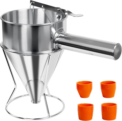 40oz Stainless Steel Pancake Batter Dispenser, Pancake Dispenser with Stand and Squeeze Handle, 4 Interchangeable Nozzles for Pancakes, Cupcakes, Waffles and Baked Goods