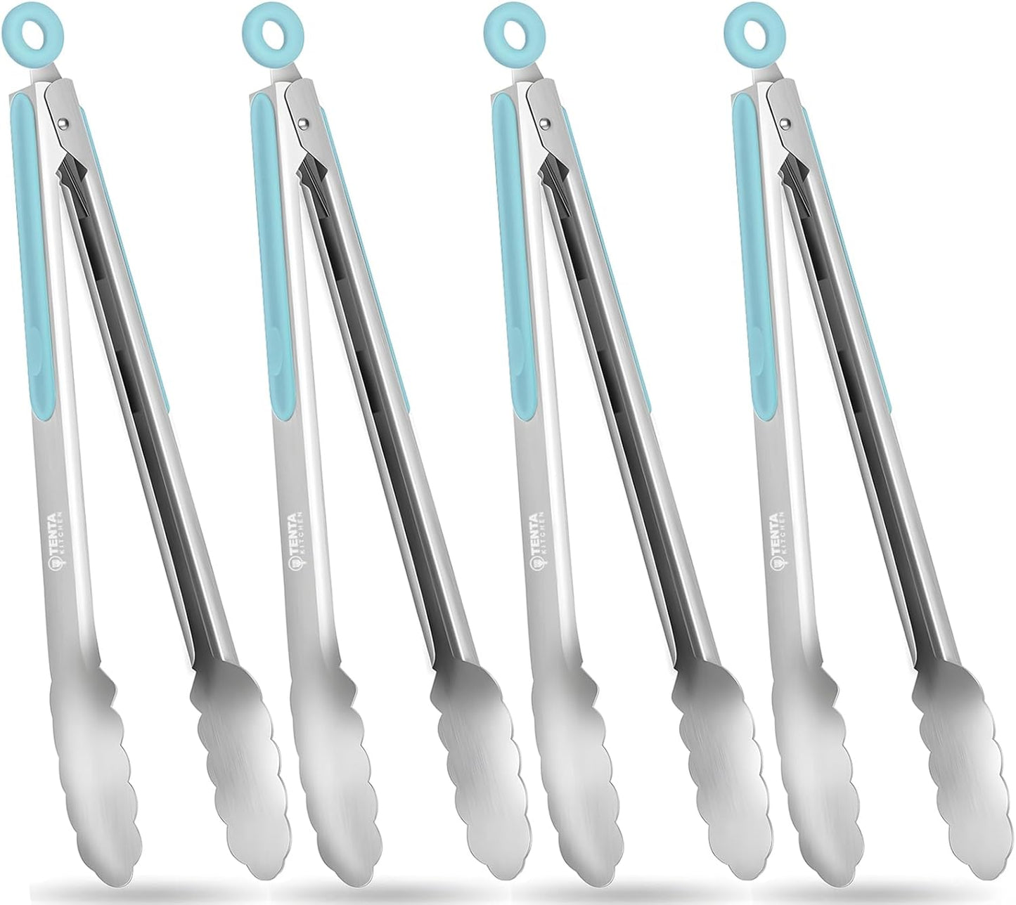 Tongs for Cooking, 9-Inch Stainless Steel Kitchen Tongs, Locking Metal Food Tongs with Silicone Non-Slip Grip, Kitchen Utensils for Food, Salad and Outdoor BBQ (Set of 4)