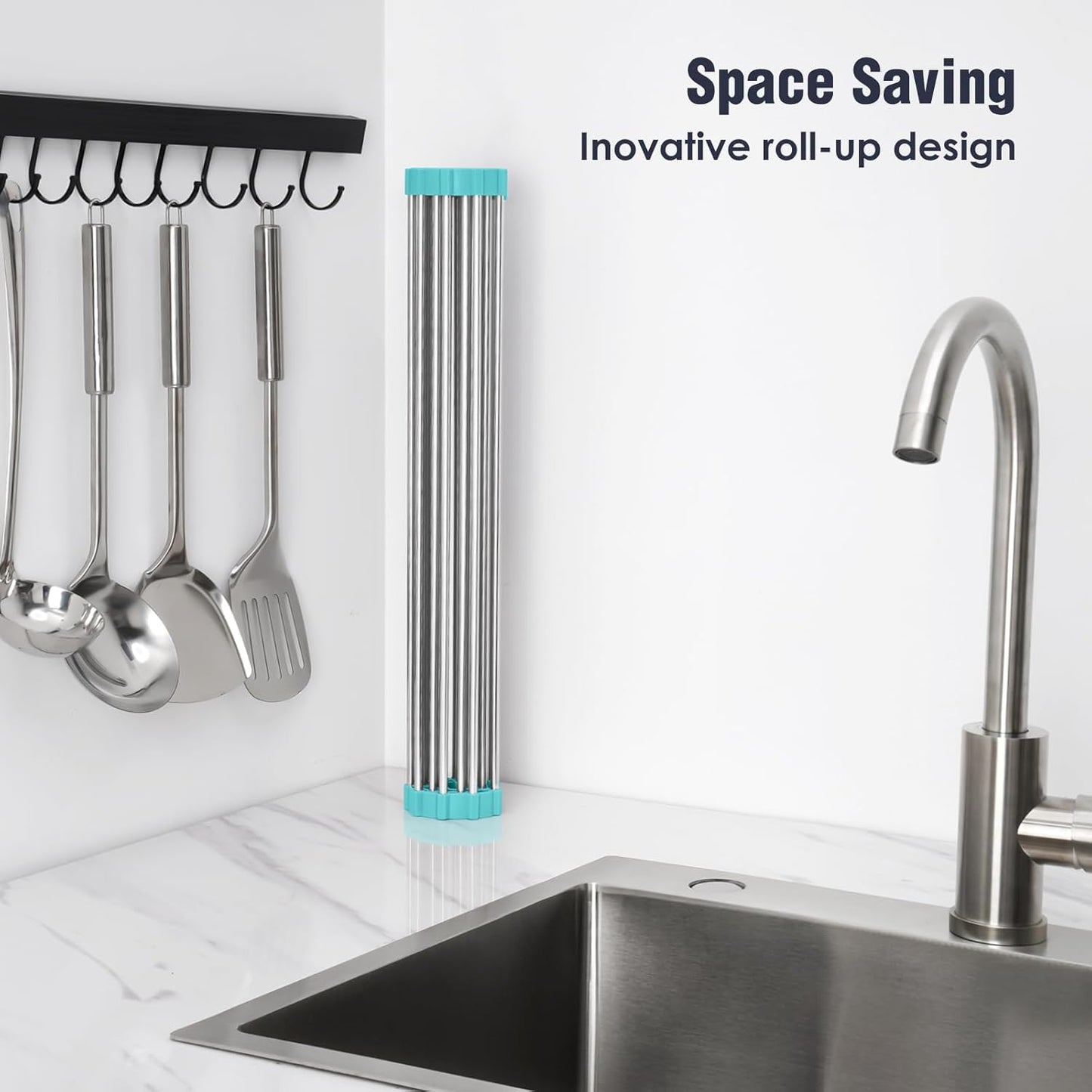 Tomorotec 17.7" x 15.5" Roll Up Dish Drying Rack Over Sink Drying Rack Sink Cover Kitchen Sink Accessories Gadget Multipurpose Organizer Foldable Stainless Steel Drainer