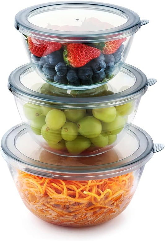 Cuiselect 4pc Glass Mixing Bowls with Lids Set (2.80QT, 1.64QT, 1.16QT, 0.85QT), Thick Salad Bowl, Nesting Glass Mixing Bowl for Cooking, Baking, Prepping-Dishwasher Microwave Freezer Safe