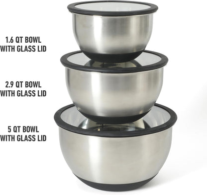 Calphalon Orbit 3 Piece Mixing Bowl Set with Acacia Wood Lids, Nesting Kitchen Mixing Bowls for Baking, Cooking, Meal Prep and Food Storage, Durable Design with Airtight Style Covers