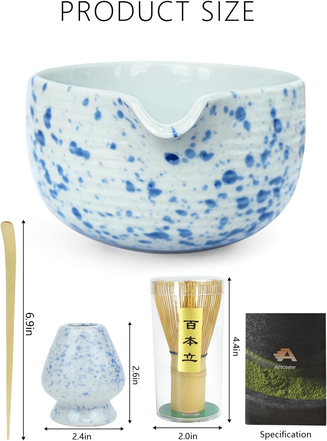 Artcome 4 Pcs Complete Matcha Ceremony Kit - Japanese Bowl With Pouring Spout, Whisk, Holder, Scoop - Tea Set for Making Usucha, Koicha and Latte (Green)