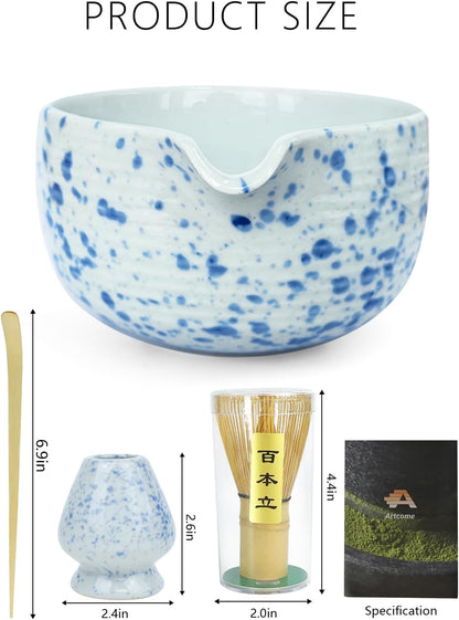 Artcome 4 Pcs Complete Matcha Ceremony Kit - Japanese Bowl With Pouring Spout, Whisk, Holder, Scoop - Tea Set for Making Usucha, Koicha and Latte (Green)