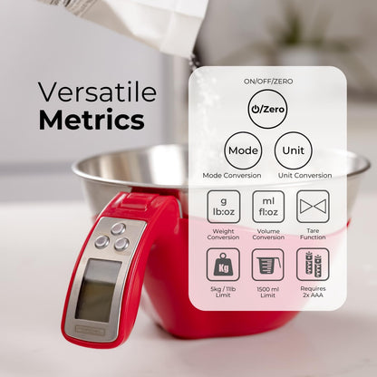 Fradel Digital Kitchen Food Scale with Bowl - 11lb, Grams & Ounces - Removable, Dishwasher-Safe Mixing Bowl - Black