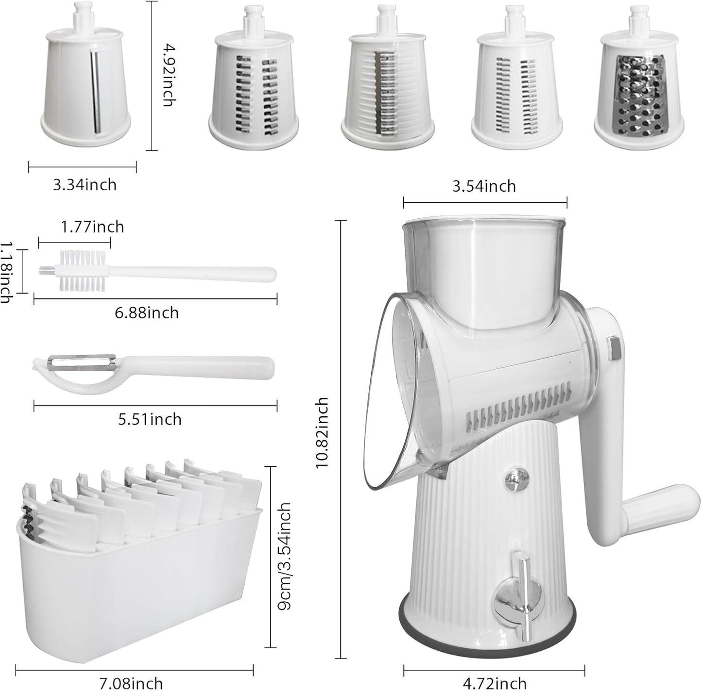 5 in 1 Rotary Cheese Grater Vegetable Slicer - Drum Mandoline Chopper for Kitchen, Easy to Clean with Storage Container
