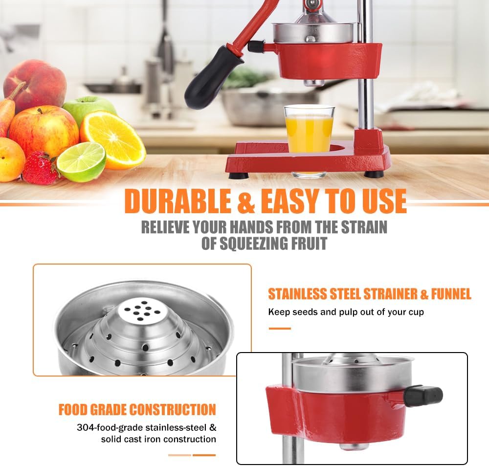 Commercial Heavy Duty Cast Iron Hand Press Manual Orange Citrus Lemon Lime Grapefruit Pomegranate Fruit Juice Squeezer Machine with Stainless Steel Cup