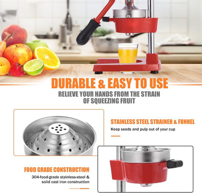 Commercial Heavy Duty Cast Iron Hand Press Manual Orange Citrus Lemon Lime Grapefruit Pomegranate Fruit Juice Squeezer Machine with Stainless Steel Cup