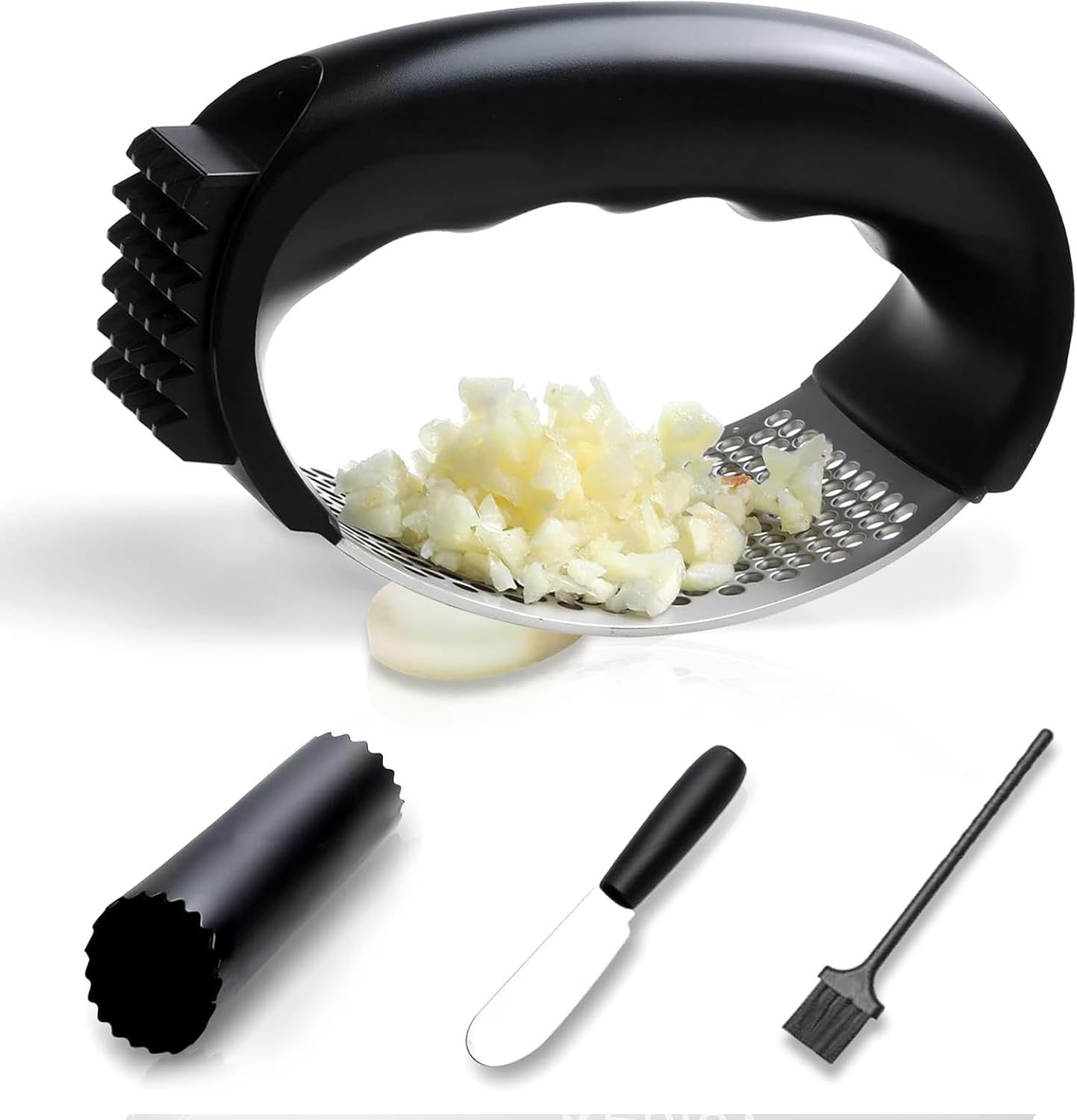 Garlic Press, Stainless Steel with Ergonomic Handle, Garlic Mincer, Easy Squeeze Rocker, Easy Clean, Scraper, Silicone Peeler, Brush (Black)
