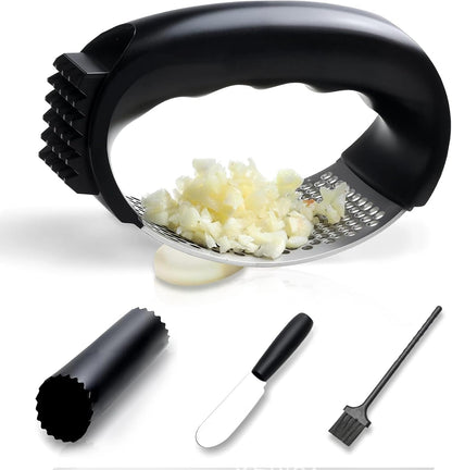 Garlic Press, Stainless Steel with Ergonomic Handle, Garlic Mincer, Easy Squeeze Rocker, Easy Clean, Scraper, Silicone Peeler, Brush (Black)