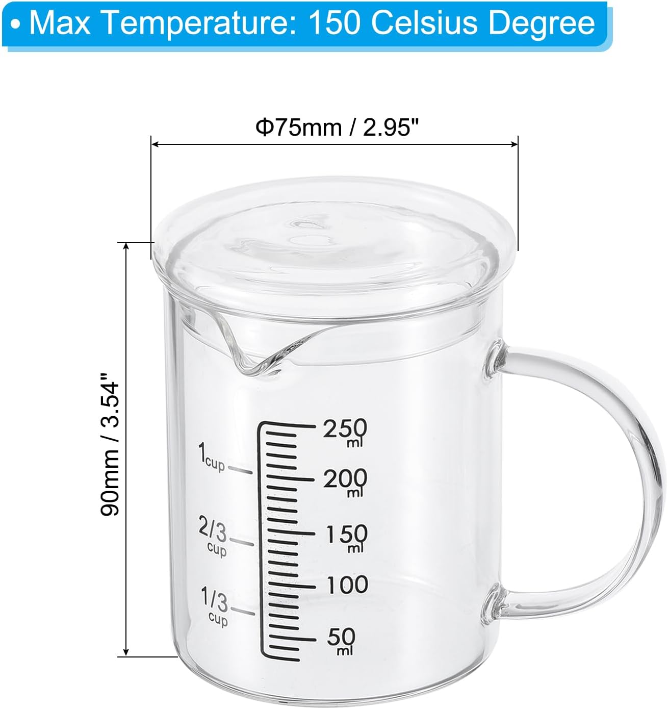 Patikil 250ml Glass Measuring Cup, 3.3 Borosilicate Graduated Black Printed Scale Liquid Measure Cups Beaker with Glass Lid and V-Shaped Spout for Kitchen
