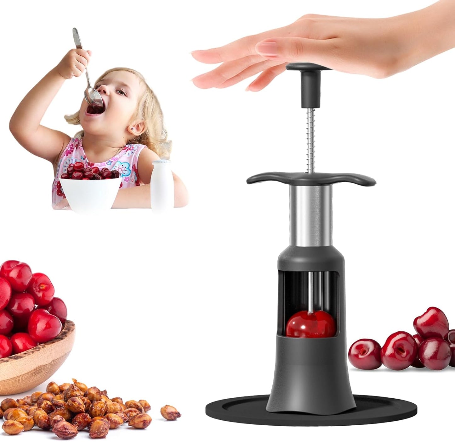Cherry Pitter, 2 in 1 Cherry Pitter and Remover Tool with 33mm Large Capacity, Quick Release & Press Push Design, Food Grade Stainless Steel & PP Plastic for Cherries, Olives, Jams