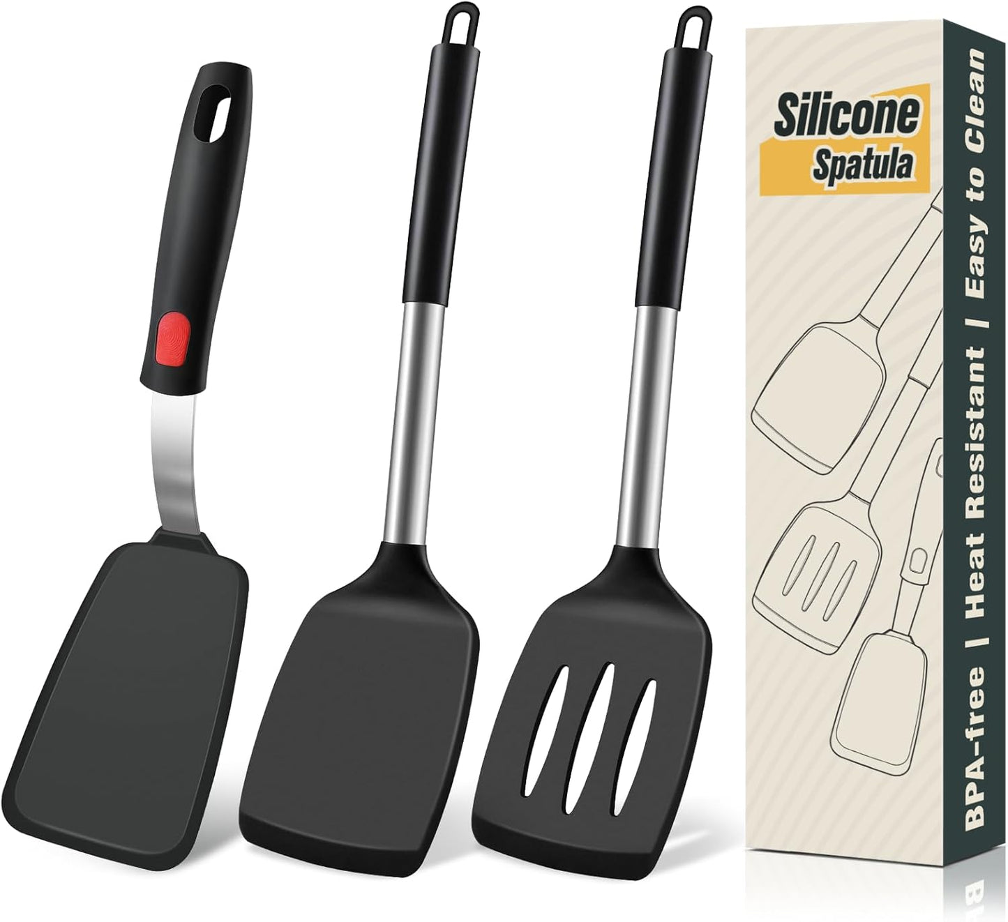 Silicone Spatula Set, Heat Resistant Solid & Slotted Turner for Non-Stick Pans, BPA-Free Silicone Cooking Utensils, Flexible Spatula for Flipping Eggs, Burgers, Pancakes, Fish, Black, 3 PCS-A