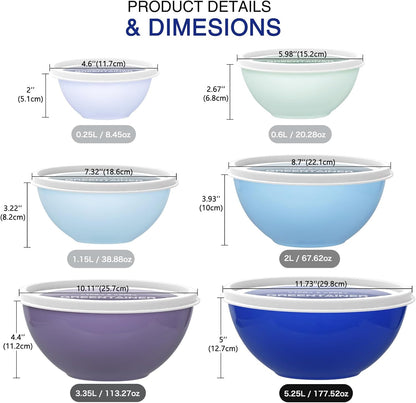 Greentainer Plastic Mixing Bowls with Lids Set for Kitchen, 6 Set Nesting Bowls for Mixing, Baking, Prepping, Cooking and Serving Food, Mixing Bowls Dishwasher, Microwave Safe