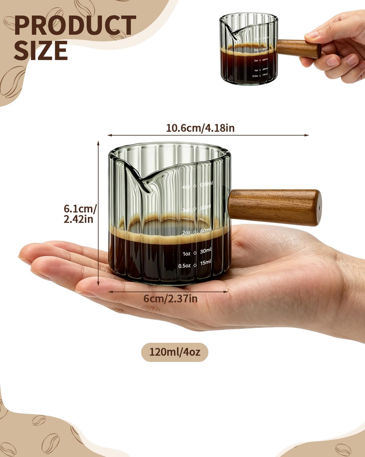 2 Pack Espresso Measuring Cups, 4oz Borosilicate Glass Espresso Shot Glasses with Wood Handle, V-Shaped Spout Ribbed Milk Frothing Cup, Measuring Cup for Coffee, Latte, Cappuccino, Tea, Syrup