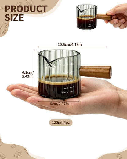 2 Pack Espresso Measuring Cups, 4oz Borosilicate Glass Espresso Shot Glasses with Wood Handle, V-Shaped Spout Ribbed Milk Frothing Cup, Measuring Cup for Coffee, Latte, Cappuccino, Tea, Syrup