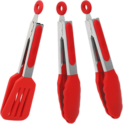 Mini Silicone Serving Tongs Set of 3, Small Kitchen Tongs (7 inch) with Silicone Tips and Stainless Steel Handle, Cooking Tongs for Salads, Pasta, Steaks, Vegetables