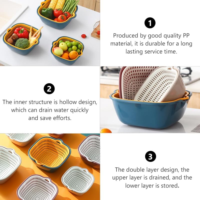 Kitchen Draining Basket Set 6Pcs Double-Layer Fruit Washing Basin and Vegetable Holder Stackable Colanders over Sink Drainer 10.23X9.44X3.93In