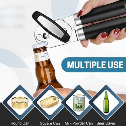 Premium Stainless Steel Manual Can Opener – Heavy Duty, Smooth Edge Design with Soft Grip Handle & Easy Turn Knob, Ergonomic Bottle Can Opener for Seniors & Kitchen Essentials, Black
