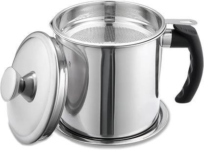 Grease Container with Fine Mesh Strainer kitchen oil storage tank pot (1.8 L Silver)