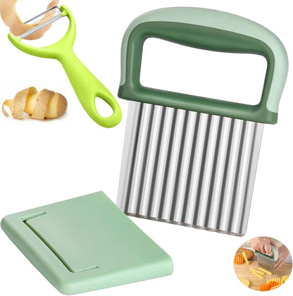 Crinkle Cutter and Potato Cutter 2 PCS, Wave Slicer Dicer Fry Cutter with Stainless Steel Blade Food-safe for Veggies, Handheld Vegetable Chopper, Salad Garnishing Tool, DishwasherSafe