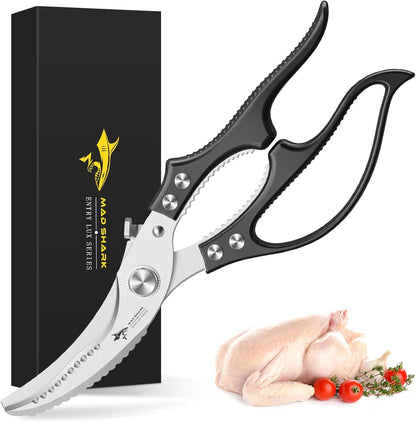 MAD SHARK Heavy Duty Poultry Shears, Kitchen Shears with Non-Slip Handle & Safety Lock, All Purpose Kitchen Scissors for Chicken, Meat Cutting, Turkey, Fish, Vegetables, Spring Loaded, Dishwasher Safe