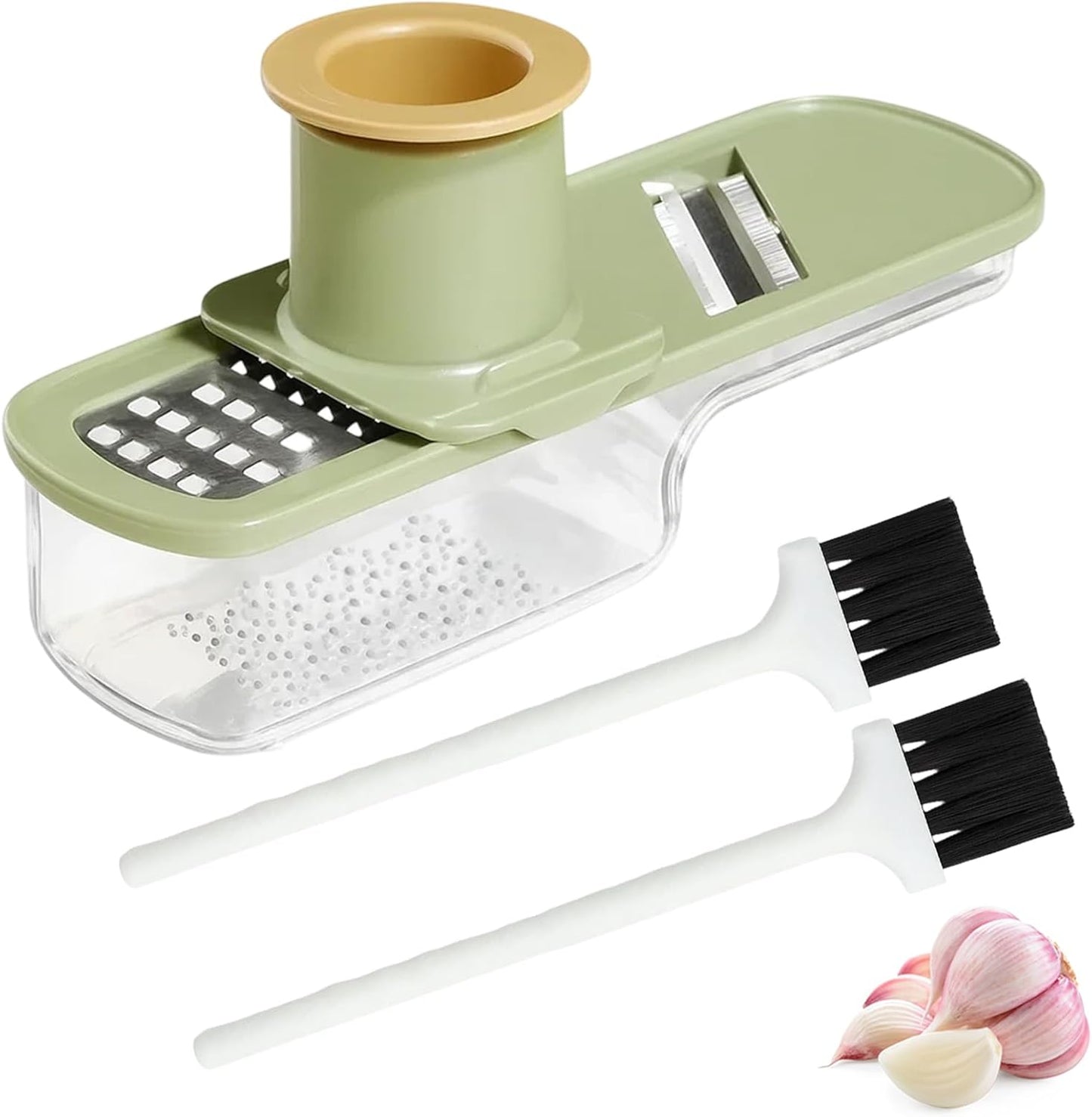 3-in-1 Garlic Slicer Super Thin,Garlic Ginger Grinder Set with 1 Grater and 2 Cleaning Brushes, Stainless Steel Blades, ABS and PET Material, Easy to Use and Clean, Kitchen Essential