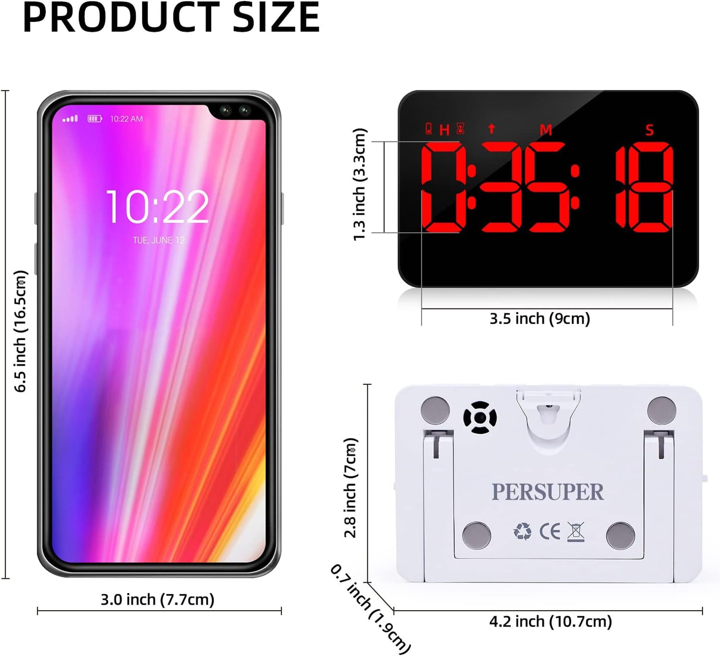 PERSUPER Digital Timer Kitchen Timer Count Down Up Rechargeable Kitchen Gadgets Vibration Mode Adjustable Volume and Brightness LED Display Time Management for Cook, Desk, Kids Adults Study Teaching