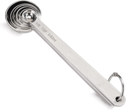 New Star Foodservice 43112 Stainless Steel Measuring Spoons, Set of 6, Round Metal Measuring Spoon Set with Ring Hook for Baking, Cooking, Spices, Wet and Dry Ingredients, Silver