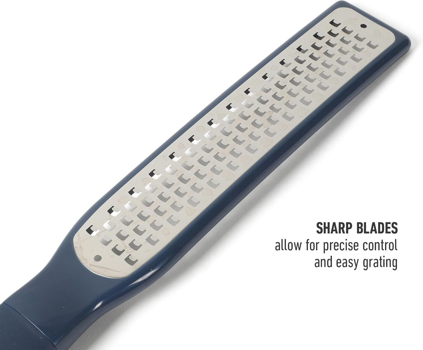 Calphalon Edge Stainless Steel Handheld Grater Lemon Zester W/Cover & Rubber Handle - Navy Blue