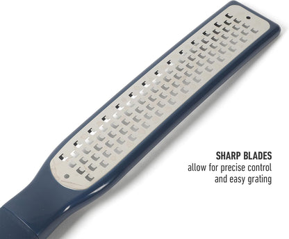 Calphalon Edge Stainless Steel Handheld Grater Lemon Zester W/Cover & Rubber Handle - Navy Blue