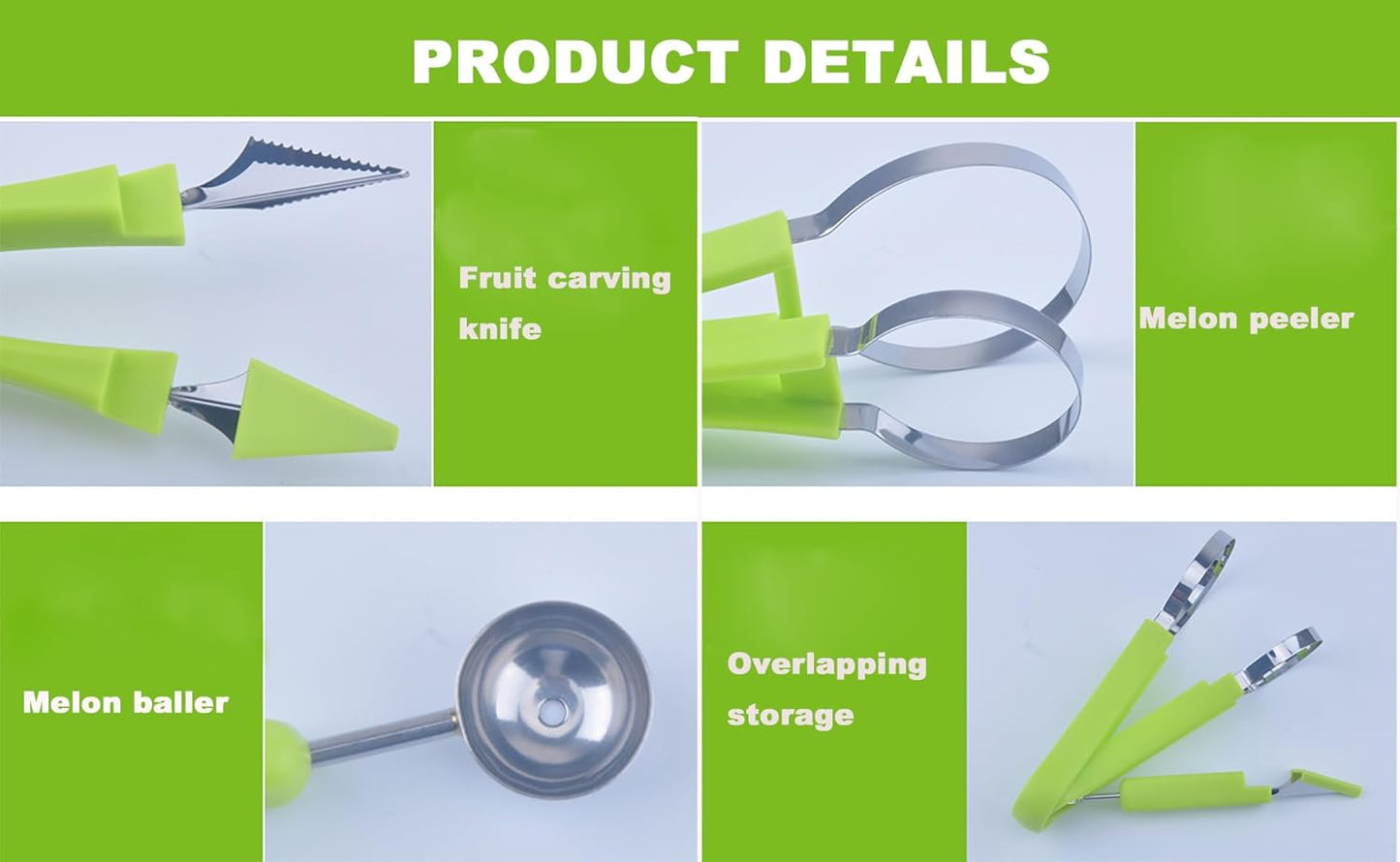 Melon Baller Scoop Set,Watermelon Scooper,4 In 1 Stainless Steel Fruit Carving Tools Set,Watermelon Slicer Ice Cream Baller,Fruit Cutters Seed Remover,Perfect Tools for Making Fruit Shapes(4 In 1)