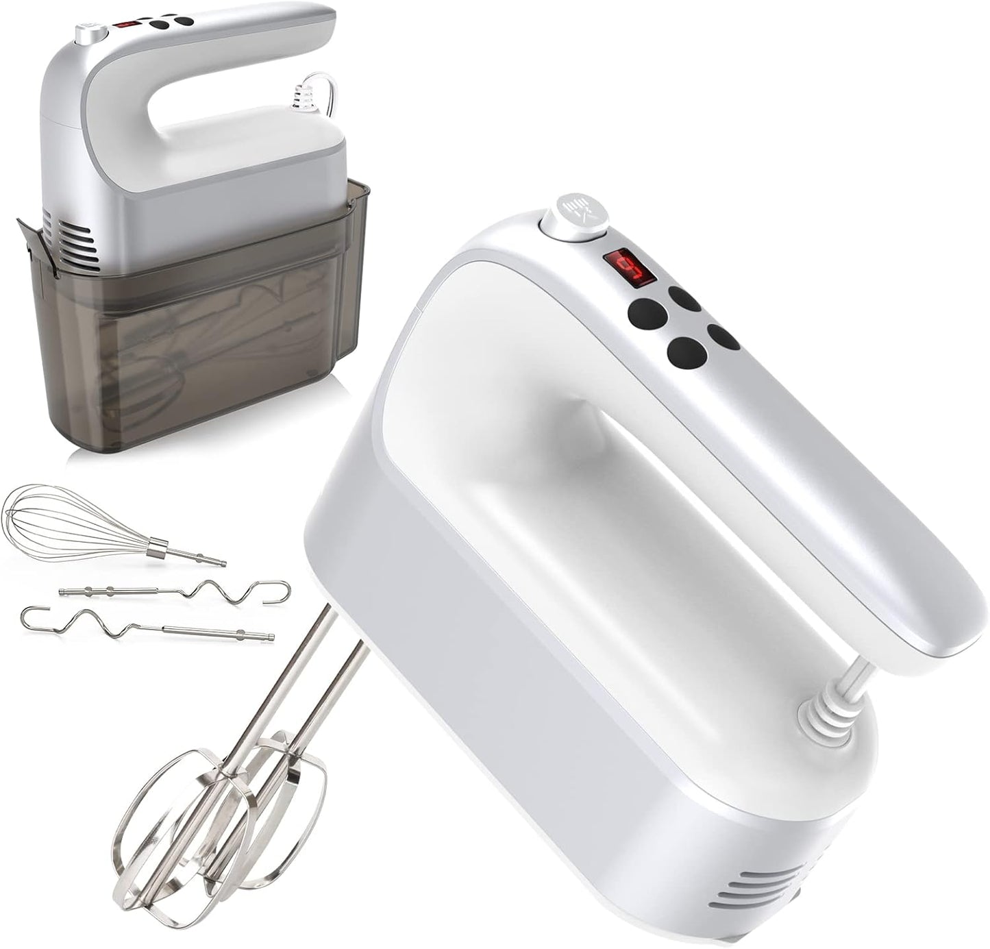 Yomelo 9-Speed Digital Hand Mixer Electric, 400W Powerful DC Motor, Hand Mixer Electric Handheld with Snap-On Storage Case, 5 Stainless Steel Accessories, Beaters, Dough Hooks, Whisk(Ice Blue/Black)
